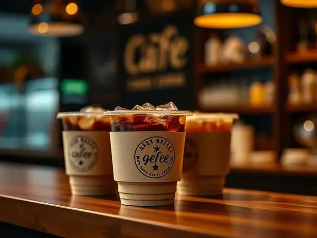 Iced coffee cups with branded sleeves on a cafe counter