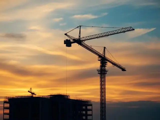 Tower crane silhouetted against a dusk sky above a building site