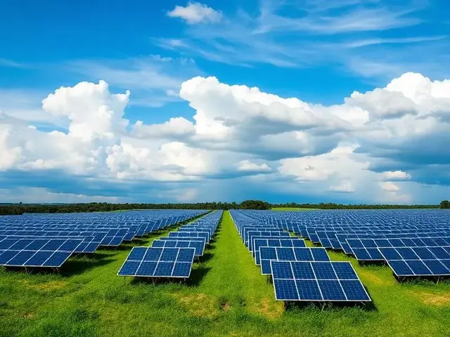 Rows of solar panels in a green field under a blue sky
